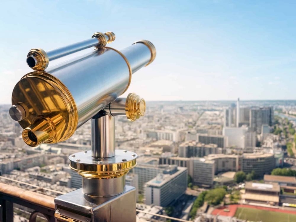 Tourist telescope on Eiffel Tower Paris