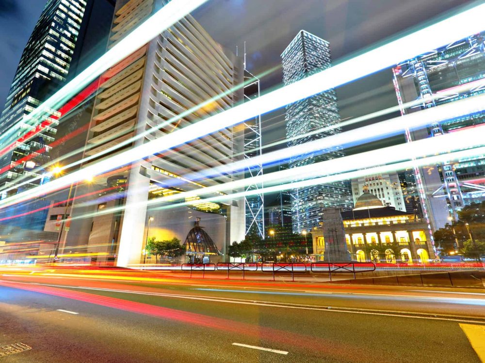 traffic light stream and office bulidings